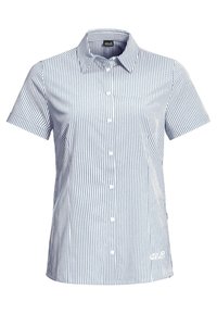 Kortärmad skjorta med knappar i ljusblå och vita ränder, tillverkad av bomull. Har en klassisk krage och en logotyp vid fållen.