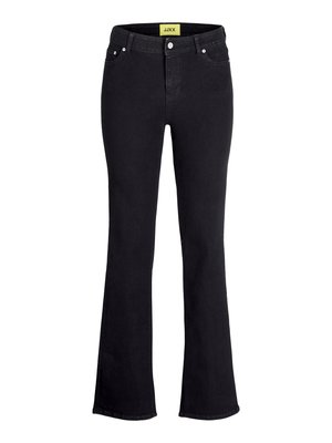 Schwarze Jeans mit ausgestelltem Bein aus Jeansstoff, im klassischen fünf-Taschen-Design, mit einem Knopf- und Reißverschluss sowie einem kontrastierenden gelben Markenetikett am Bund.