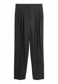 Pantalon noir plissé en tissu texturé ; coupe droite avec une coupe légèrement ample et poches latérales, doté d'une fermeture avant dissimulée.