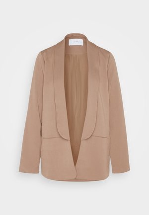 Beige blazer made from textured fabric, featuring a shawl collar, open front, and two front pockets. Smooth interior lining.