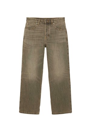 Jean en denim marron délavé à taille haute et jambes droites, avec bouton frontal, fermeture éclair et design à cinq poches, présenté sur fond blanc.