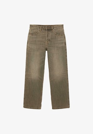 Jean en denim marron délavé à taille haute et jambes droites, avec bouton frontal, fermeture éclair et design à cinq poches, présenté sur fond blanc.