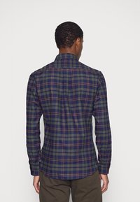 Camicia a quadri blu navy e verde con maniche lunghe, polsini con bottone e colletto a punte. Il tessuto sembra morbido con una superficie liscia.