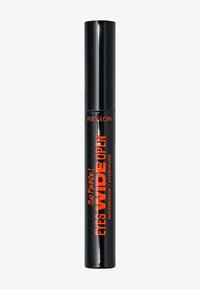 Tubo di mascara Revlon di colore nero lucido, con un testo arancione audace che recita "Così Feroce! Occhi ben spalancati" e dettagli "Impermeabile"; forma cilindrica.