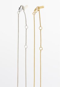 Due catene metalliche pendono affiancate. A sinistra c'è quella d'argento, a destra d'oro. Entrambe presentano maglie ovali e connettori rotondi.