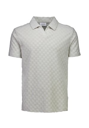 Lyhythihainen miesten poolopaita, jossa on teksturoitu vaalea beige ruutukuosi ja avoin kaulus.