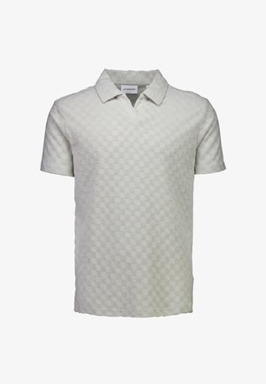 Lyhythihainen miesten poolopaita, jossa on teksturoitu vaalea beige ruutukuosi ja avoin kaulus.