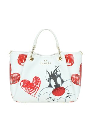 Borsa bianca con manici dorati con una faccia di gatto in bianco e nero in stile cartone animato e diversi cuori rossi schizzati ai lati.