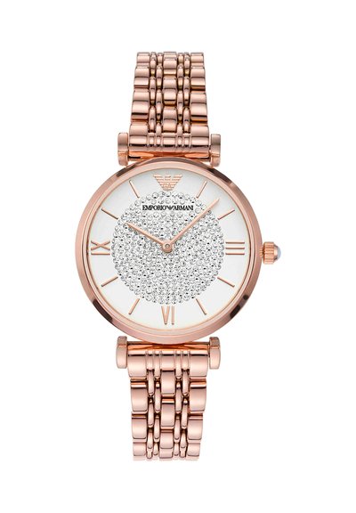 Montre-bracelet Emporio Armani en or rose avec cadran incrusté de cristaux, chiffres romains et bracelet métallique relié.