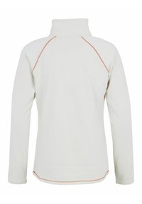 Pullover bianco a maniche lunghe con collo alto, presenta cuciture arancioni a contrasto lungo le cuciture, texture liscia e design aderente.
