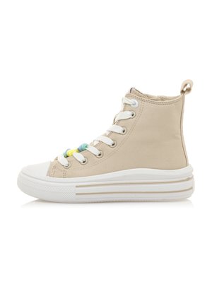 Sneaker alta in tela beige con suola in gomma bianca, caratterizzata da occhielli colorati e lacci, dettagli testurizzati e un tab per il tallone.