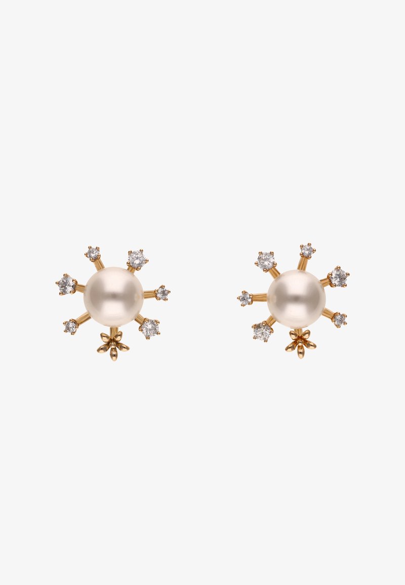 Goldohrringe mit einer zentralen Perle, umgeben von sieben kleinen diamantähnlichen Steinen, mit strahlenartigen goldenen Akzenten, die nach außen verlaufen.
