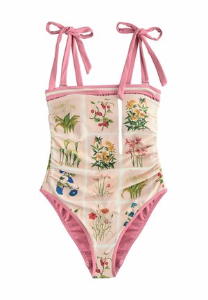 Rosa Badeanzug mit verstellbaren Schulterriemen und einem Muster aus Blumen und Kirschen in einem Rasterlayout.