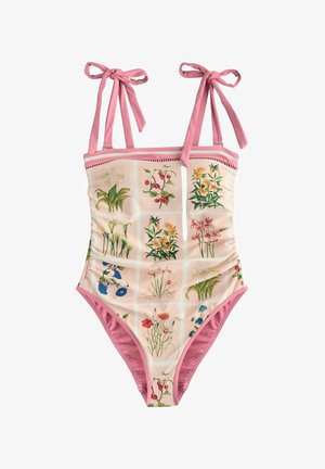 Rosa Badeanzug mit verstellbaren Schulterriemen und einem Muster aus Blumen und Kirschen in einem Rasterlayout.