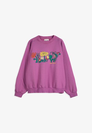 Sweat-shirt violet à manches longues avec imprimé floral abstrait coloré et texte "BOBO CHOSES" sur la poitrine, avec poignets et ourlet côtelés.