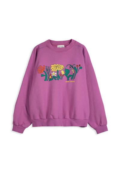 Sweat-shirt violet à manches longues avec imprimé floral abstrait coloré et texte "BOBO CHOSES" sur la poitrine, avec poignets et ourlet côtelés.