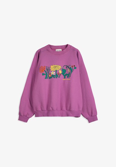 Sweat-shirt violet à manches longues avec imprimé floral abstrait coloré et texte "BOBO CHOSES" sur la poitrine, avec poignets et ourlet côtelés.