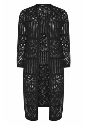 Cardigan nero lungo con apertura frontale, motivi in pizzo geometrico lavorati a maglia e maniche lunghe.
