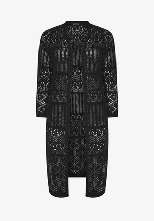 Schwarzer langer Cardigan mit offenem Vorderteil, geometrischen Spitzenstrickmustern und langen Ärmeln.