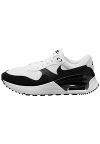 Sneaker Nike Air Max con tomaia in mesh bianco, dettagli in suede nero, logo nero e suola bianca con unità Air visibile.