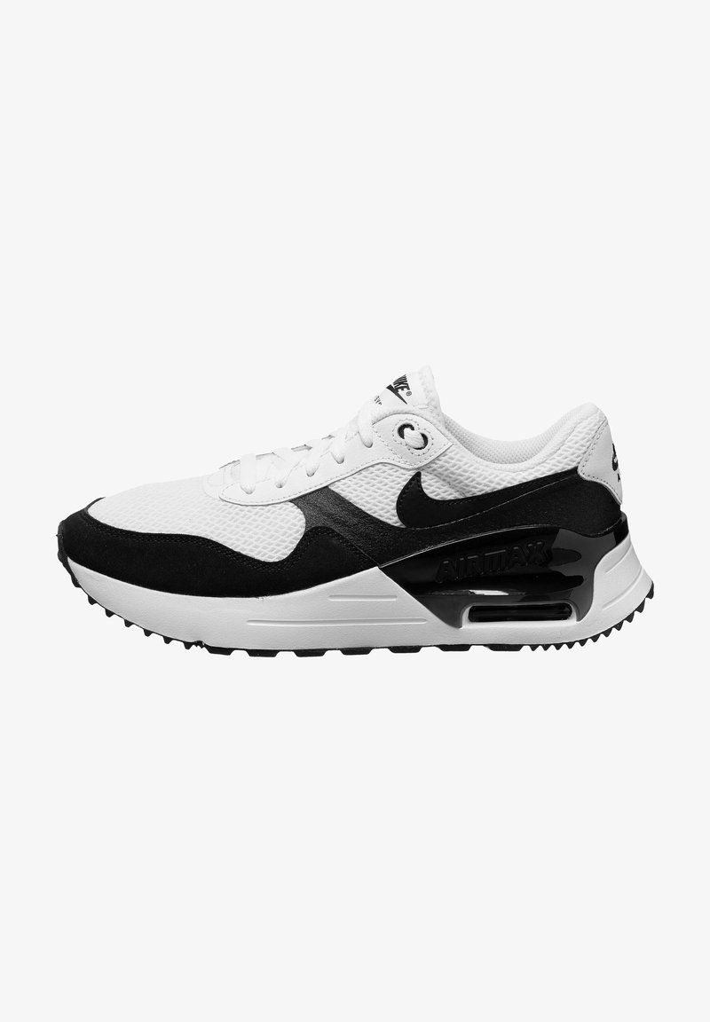 Sneaker Nike Air Max con tomaia in mesh bianco, dettagli in suede nero, logo nero e suola bianca con unità Air visibile.