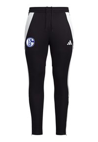 Zwarte sportbroek met witte zijstrepen, elastische tailleband met trekkoord en een blauw logo op de linker dij. Strak design.