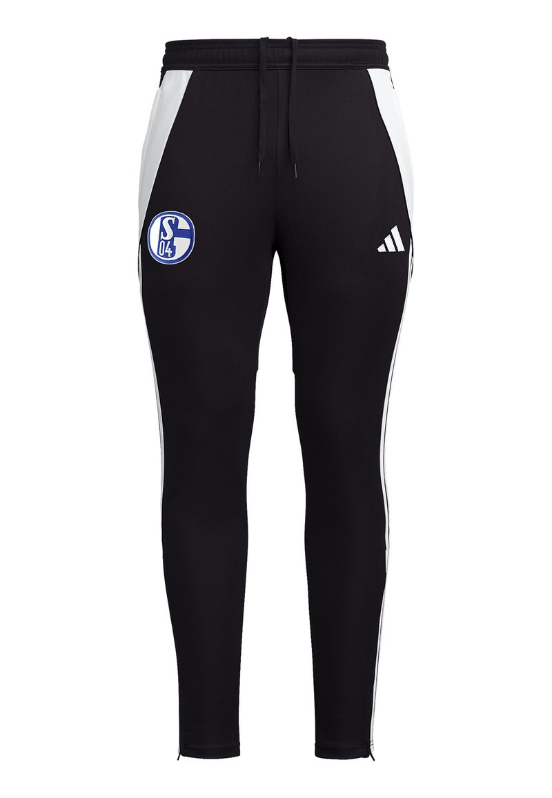 Zwarte sportbroek met witte zijstrepen, elastische tailleband met trekkoord en een blauw logo op de linker dij. Strak design.