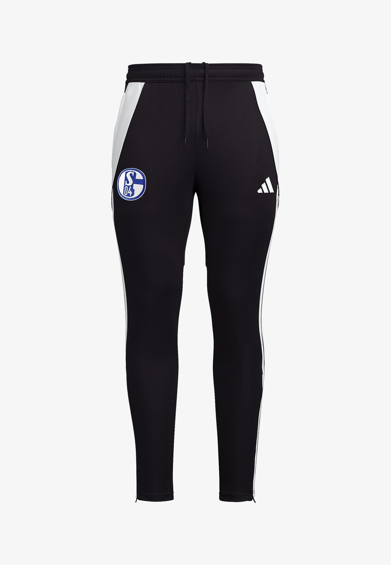 Zwarte sportbroek met witte zijstrepen, elastische tailleband met trekkoord en een blauw logo op de linker dij. Strak design.