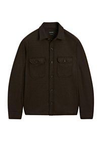Donkerbruine button-up jas met twee voorste flapzakken met knopen en een klassieke kraag.