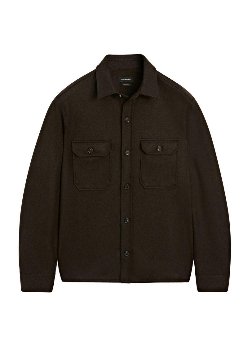 Donkerbruine button-up jas met twee voorste flapzakken met knopen en een klassieke kraag.