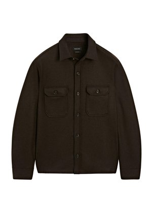 Mørkebrun skjortejakke med to forreste knap-lommer med klap og klassisk krave.