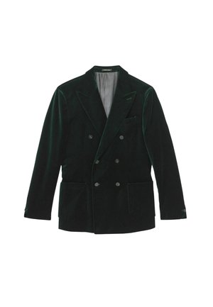 Tumši zaļš samta divrindas žakete ar šalli, divi priekšējie kabatas un smalki pogu elementi. Gluda tekstūra un strukturēts dizains.