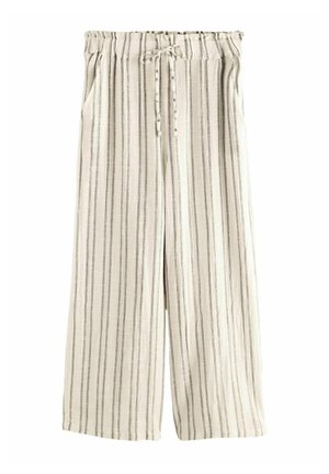 Pantalon large beige clair avec fines rayures noires verticales, taille élastique et lien à nouer à l'avant.