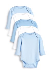 Fem långa ärm bodysuits i ljusblå och vit bomull, med lappar vid axlarna och tryckknappar i botten för enkelt klädsel.