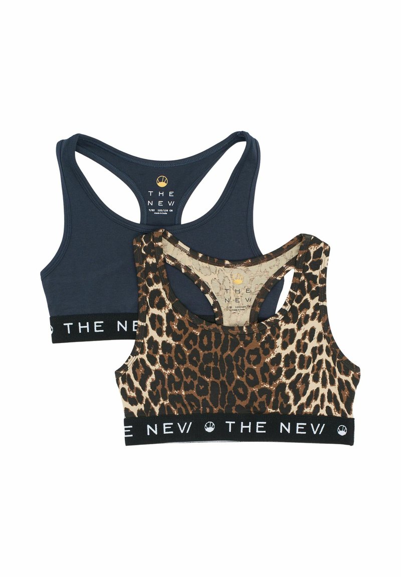Två crop tops i marinblått och brunt leopardmönster. Tillverkade av mjukt material med ett brett svart band. Racerback-design med synlig logotyp.