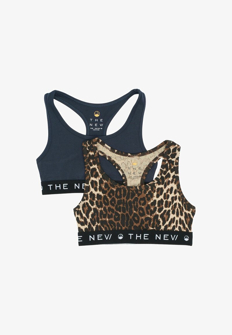 Dva crop topy v námorníckej modrej a hnedej leopard print. Vyrobené z mäkkého materiálu so širokým čiernym pásom. Dizajn s racerbackom a viditeľným logom.