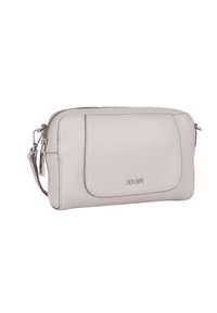 Borsa a tracolla in pelle beige con finitura texurizzata, chiusura con zip, tasca frontale e accessori in metallo argentato. Forma rettangolare compatta.