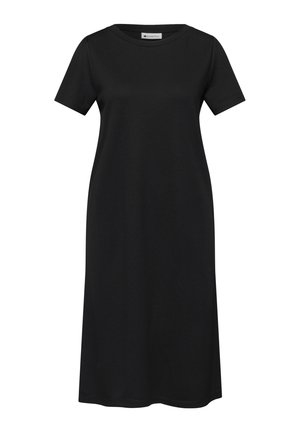 Schwarzes T-Shirt-Kleid mit kurzen Ärmeln, knielang, Rundhalsausschnitt und lockerer Passform vor weißem Hintergrund.