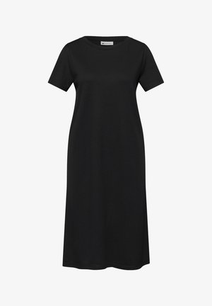 Schwarzes T-Shirt-Kleid mit kurzen Ärmeln, knielang, Rundhalsausschnitt und lockerer Passform vor weißem Hintergrund.