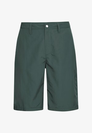 Pantaloncini verdi fino al ginocchio realizzati in tessuto leggero. Presentano una chiusura con bottoni, passanti per cintura e una texture liscia con dettagli di cuciture minimi.
