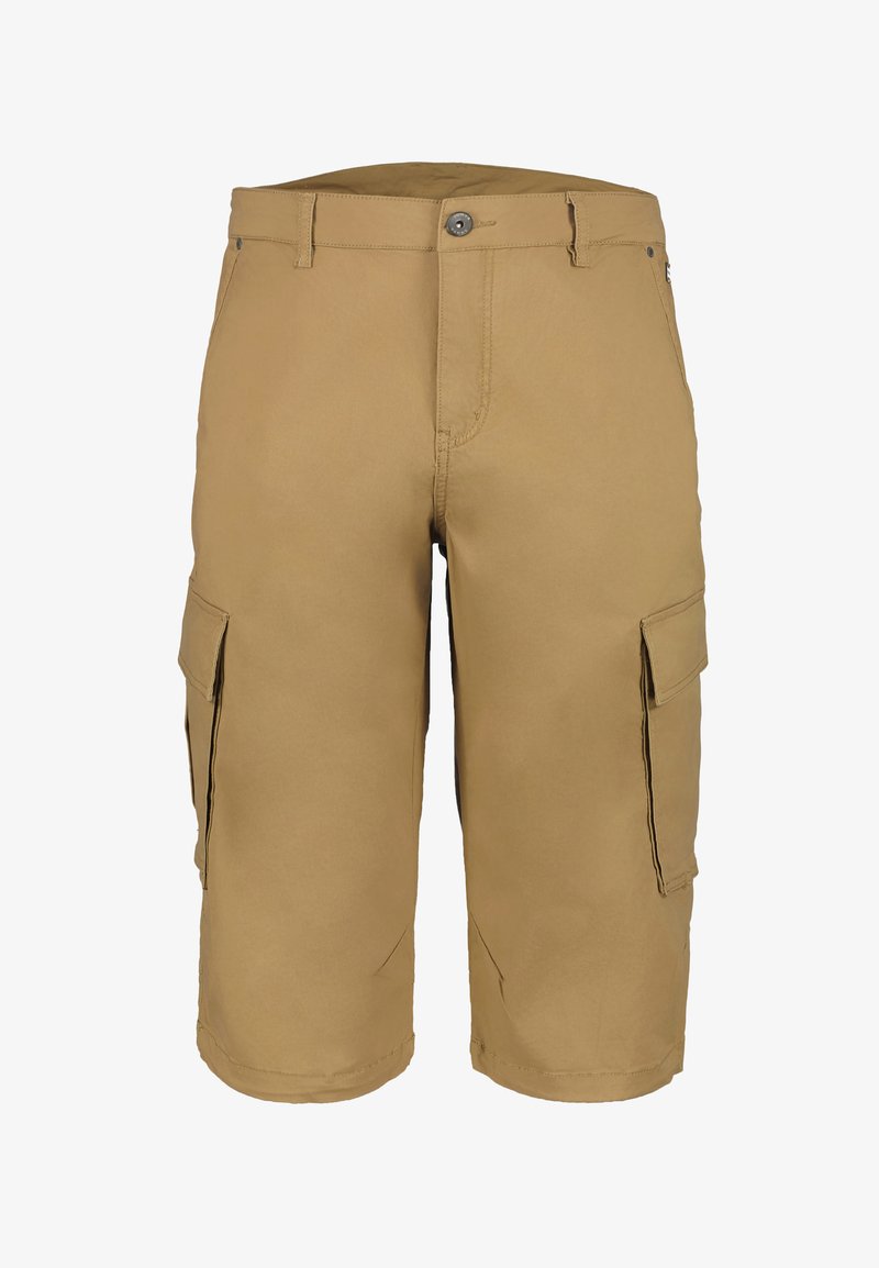 Beige cargo-shorts lavet af letvægtsstof, med sidelommer, knaplukning og regulær pasform. Glat tekstur med lige kant.