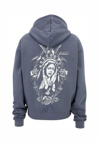 Felpa con cappuccio di colore blu scuro, caratterizzata da una grande stampa sul retro che raffigura un santo, rose e uccelli. Realizzata in cotone, ha una vestibilità comoda.