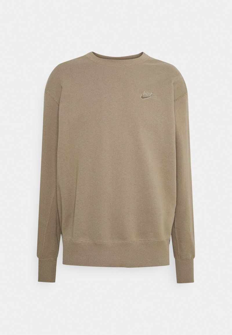 Khaki sweatshirt, blandning av bomull, långa ärmar, rundad hals, ribbade muddar och fåll, har en liten broderad logotyp på bröstet, slät textur.
