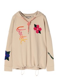 Sudadera beige con una capucha amplia, diseños florales bordados en rosa y verde, cordones ajustables y un dobladillo ceñido.