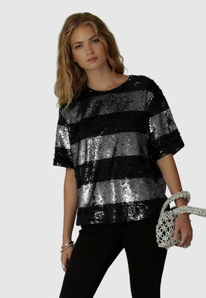 STRIPE SEQUIN BOXY CREW NECK - Camicetta - silver black