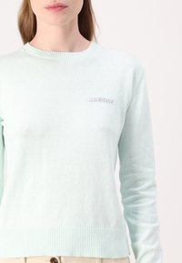 Lys myntegrønn genser laget av mykt stoff, med rund hals, lange ermer og ribbede kanter. Lite logo brodert på brystet.