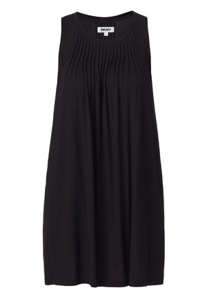 Robe noire sans manches DKNY avec des détails plissés sur le haut devant et un décolleté rond, longueur genou et coupe ample.