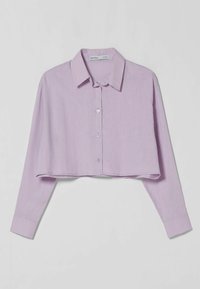 Cropped lavender blouse with a collared neckline, button closure, and long sleeves. Made of a lightweight, textured fabric.