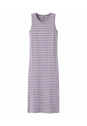 Midi obleka brez rokavov iz rebrastega pletenja z vodoravnimi črtami v vijolični in svetlo vijolični barvi, z okroglim izrezom in ravnim krojem.
