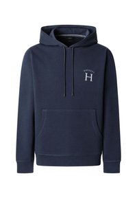 Sudadera azul marino hecha de tela texturizada, con un bolsillo frontal, capucha con cordón y un logo bordado "H" y "HACKETT" en el pecho.